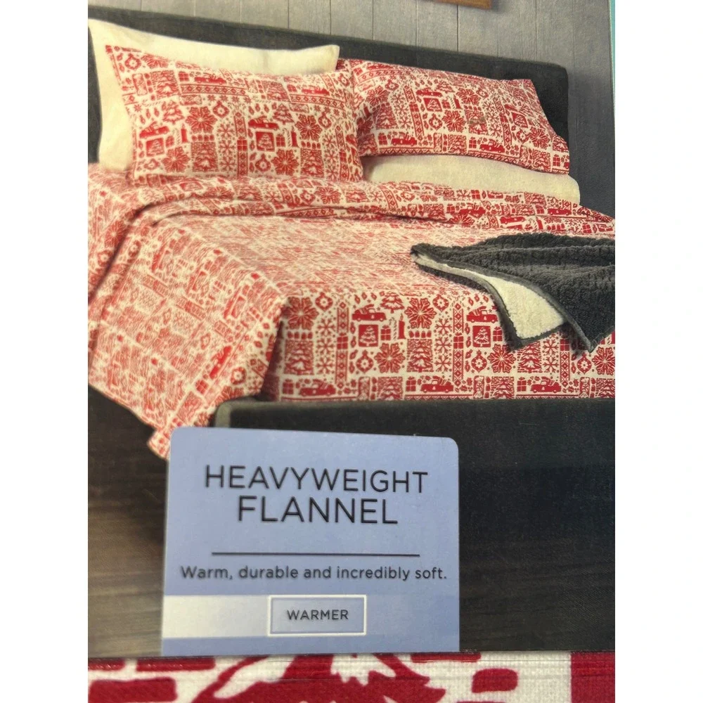 Cuddl Duds Twin Heavyweight Flannel Sheet Set Holiday Paper Cut Red White NEW
